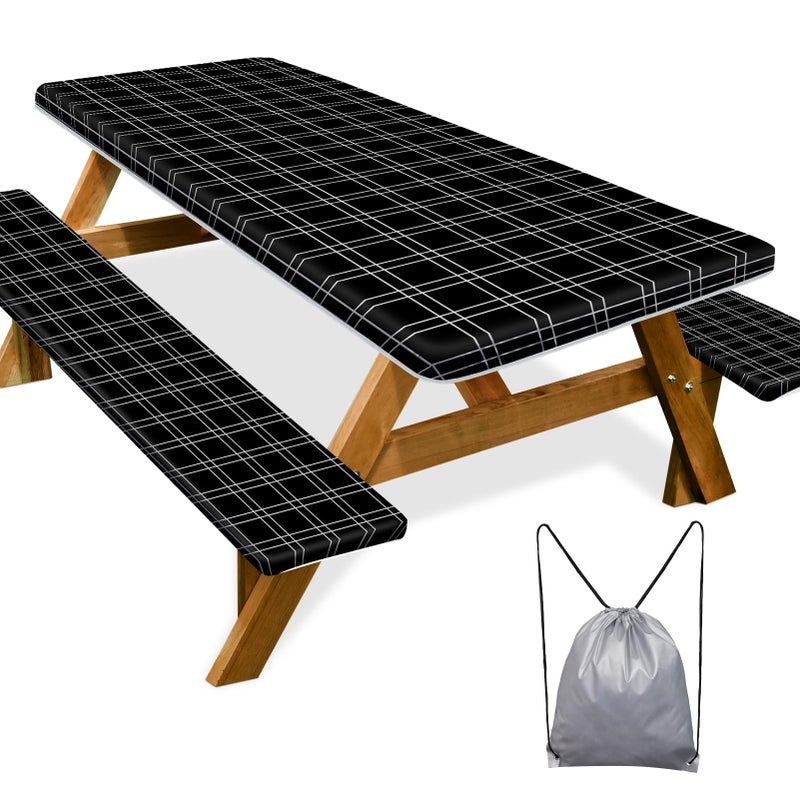 Play Tailor Picnic Table Cover with Bench Covers Camping Essentials Waterproof Windproof Camping Tablecloth with Drawstring Bag  Fitted Rectangle Tables and Seats  72in  Black Checkered - Image 1